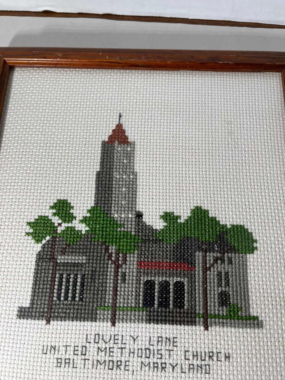 Framed Cross-Stitch Artwork in Brown Frame Lovely Lane united Methodist Church - Picture 5 of 7